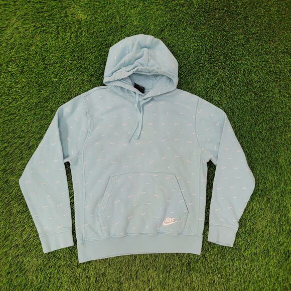 NIKE Swoosh All-Over-Print Hoodie Small 21x24 Blue Baggy Crop - Picture 1 of 15